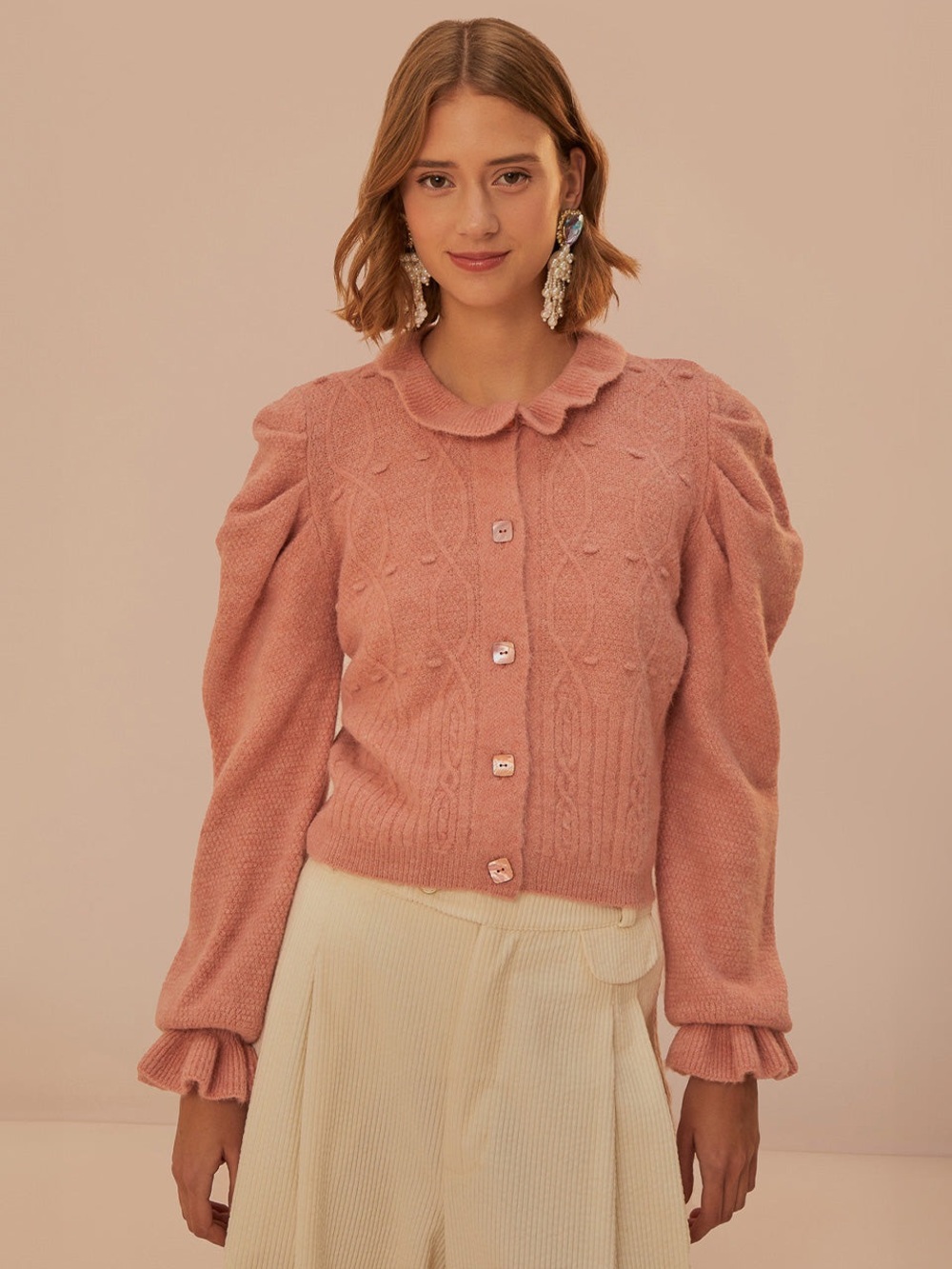 Farm Rio Women's LIGHT PINK RUFFLE KNIT CARDIGAN Size M